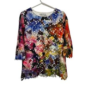 Caroline Rose Women’s Top Blouse Bohemian Floral Overlay 3/4 Sleeve Lined
